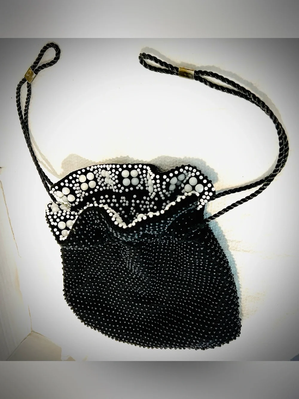 Vintage Beaded Candy Dot Reversible Drawstring Pouch Bag Purse Hippie Whimsical